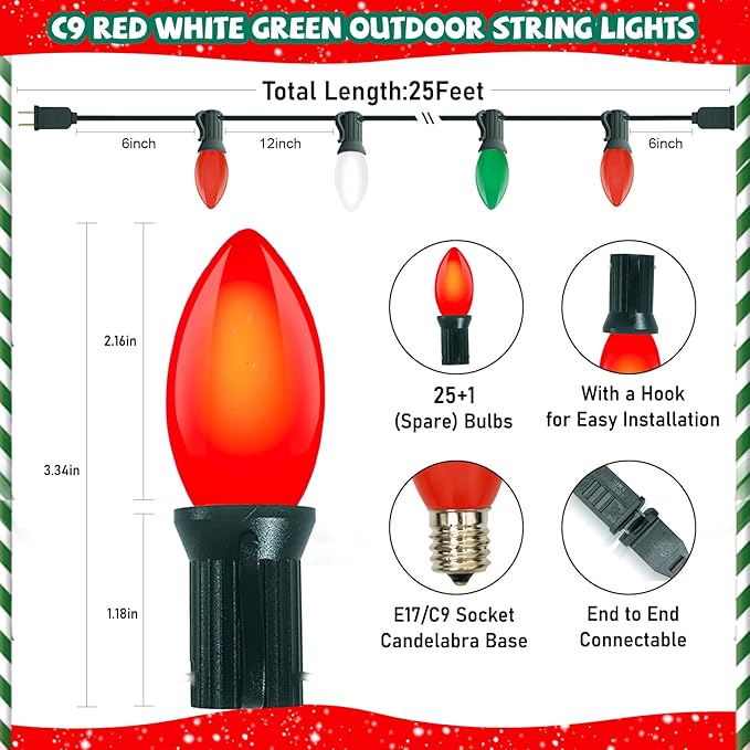 C9 Red White and Green Christmas Lights Outdoor, 25Ft Vintage Christmas String Lights with 26 Multicolor Ceramic Bulbs, Hanging Christmas Decorations Lights Waterproof for Holidays Roofline Party