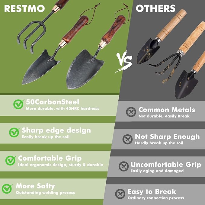 RESTMO 3-in-1 Heavy Duty Gardening Tools Kit, Premium Carbon Steel Garden Hand Tools with Ergonomic Wooden Handle Includes Trowel, Transplanter, and Cultivator, Ideal Gardening Gifts for Gardener