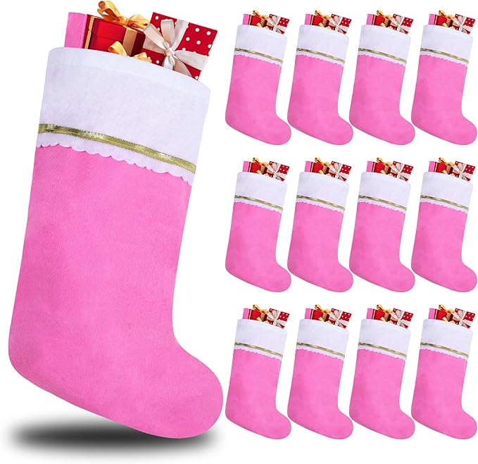 12Pack Felt Christmas Stockings, 19 Inches Pink and White Christmas Stockings Hanging Ornaments, White Cuff with Gold Trim Christmas Stockings for Family Christmas Holiday Decorations