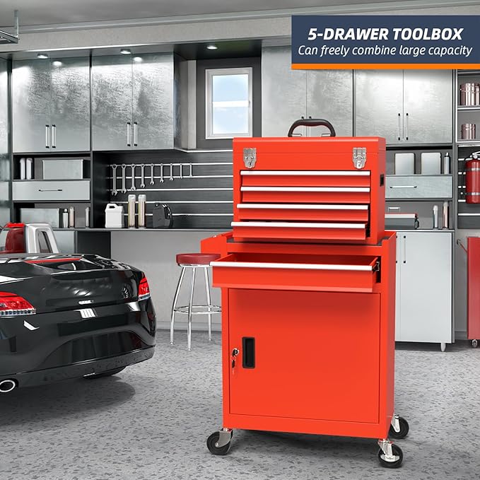 5-Drawer High Capacity Rolling Tool Box, Removable Cabinet Storage Tool Chest with Wheels and Drawers, Detachable Toolbox with Lock for Mechanics Garage Workshop and Tool Room (Red)