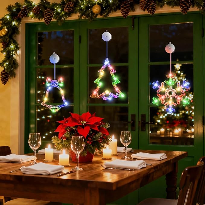 3Pack Christmas Window Lights Decorations with Timer,Battery Powered Christmas Hanging Multicolor Lighted Snowflake Tree Bells Shaped LED Sucker for 2026 Xmas Tree Fireplace Indoor Decor