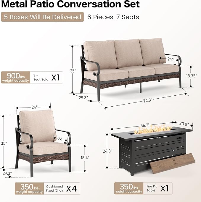 6 Piece Black Metal Outdoor Patio Furniture Sets with Firepit Table, Patio Conversation Sets 1 3-Seater Sofa, 4 Single Sofa with 5.75" Thick Cushion Backyard Furniture for Deck, Beige