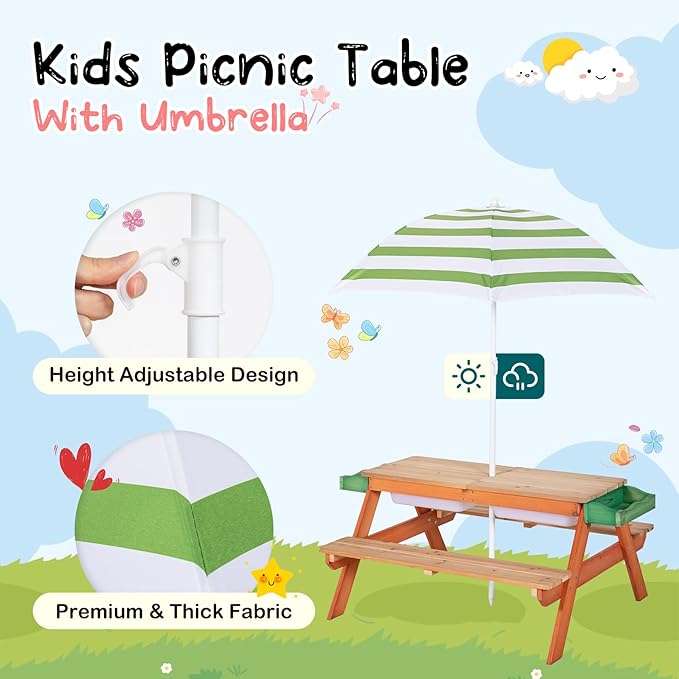 Kids Picnic Table, Outdoor Wooden Table w/Adjustable Umbrella & Garden Bed, 4-in-1 Sand & Water Activity Table w/Built-in Bench & Removable Boxes, Patio, Backyard