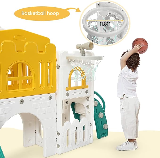 8-in-1 Toddler Slide and Climber Playset for Kids Ages 1-3, Indoor/Outdoor Playground with Basketball Hoop, Tunnel, Telescope, Steering Wheel & Storage, Orange-Green, American Standard