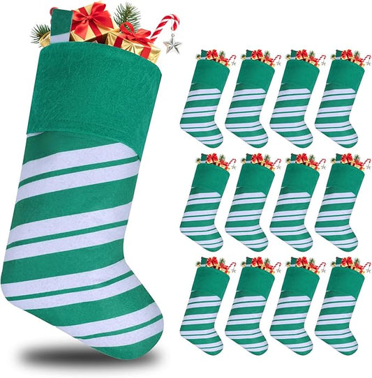 12 Pack Candy Cane Christmas Stockings, 18 Inches Green and White Christmas Stockings for Family Christmas Holiday Decorations