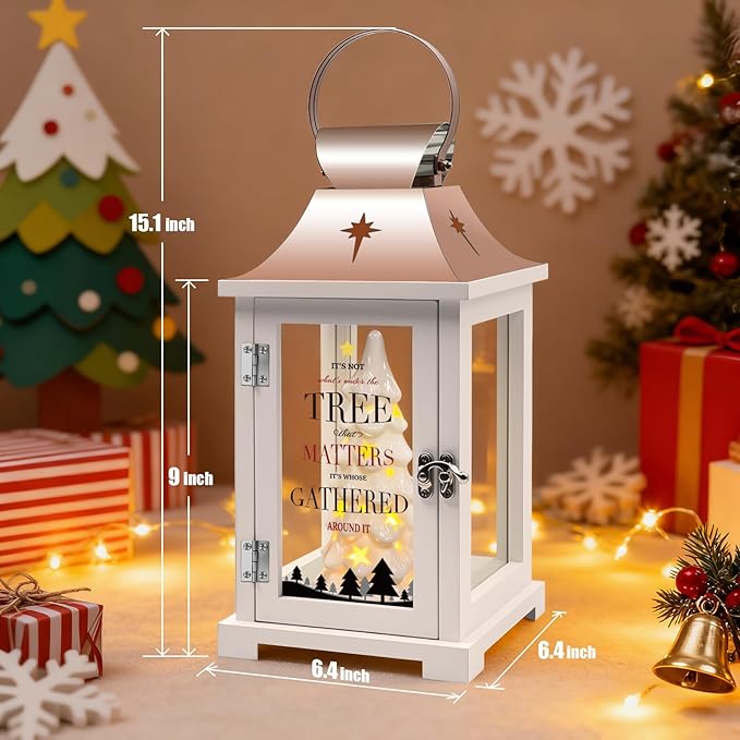 Ceramic Christmas Tree That Light up for Table Centerpieces, 15.1" Tall Lantern Indoor Party Decor, Hanging Candle Lantern for Home, Holidays Tabletop Décor Gift, Xmas Tree Figurine