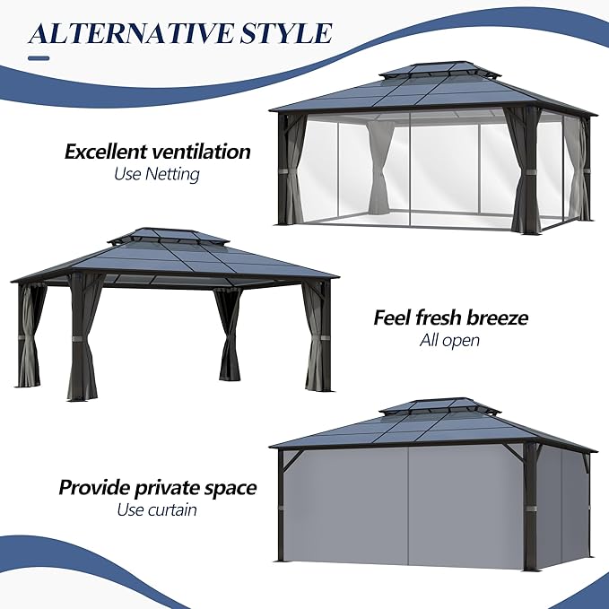 GARTOO 12x16FT Polycarbonate Hardtop Gazebo with Double Roof - Heavy-Duty Steel Frame Gazebo with Breathable Netting & Privacy Curtain for Patio, Porch, Garden, Lawn, Deck, Backyard
