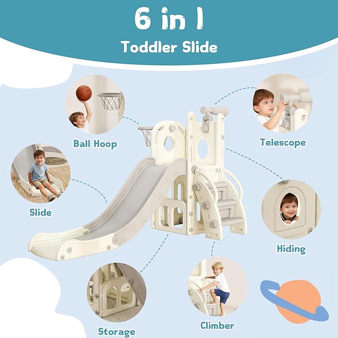 6 in 1 Toddler Slide, Kids Slider for 1-3, Indoor Outdoor Playset Playground with Basketball Hoop, Storage, Climber and Telescope, Great Gift for Baby & Child, Grey and White