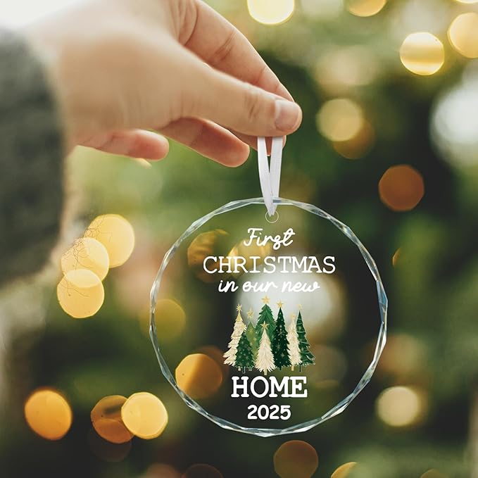 Horaldaily 3.15" Christmas Trees Glass Ornament 2025- First Christmas in Our New Home Round Decor - Xmas Tree, Holiday Presents, Gift Exchange Ideas Hanging Decor for Couple Family Housewarming