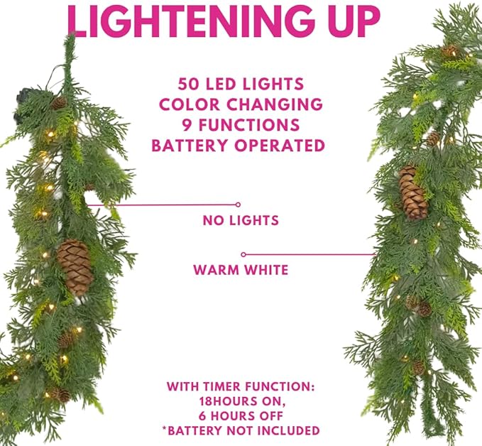 Natural Cedar Set : 1 24 inch Wreath 2 Pieces of 8 ft Garland; Mixed Greenery, Cedar, and Real Pinecones, Battery Operated, Indoor Outdoor Holiday Decor