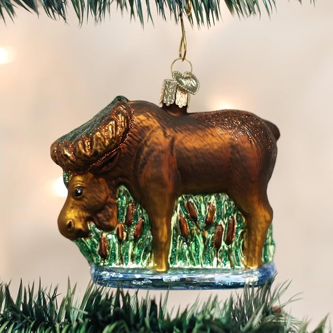 Old World Christmas Munching Moose Glass Blown Ornament for Christmas Tree, Handcrafted Holiday Decoration, Wildlife Animal Collection