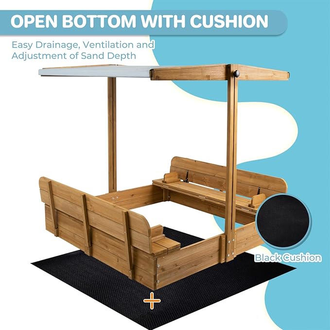 Kids Sand Box with Cover£¬Wooden Outdoor Sandbox with Lid£¬Foldable Bench Seat/Adjustable Canopy£¬UV-Protection &Natural Wood£¬Sand Box for Kids Ages 2-8£¨47x47in£©