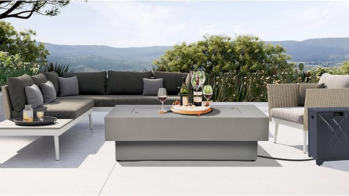 48-inch Fire Table with 20lb Propane Tank Cover & Wind Glass Shield, 50,000BTU Outdoor Modern Patio Fire Pit Table w/Rectangular Burner Lid, Glass Rocks, Pre-Attached 10ft External Gas Hose