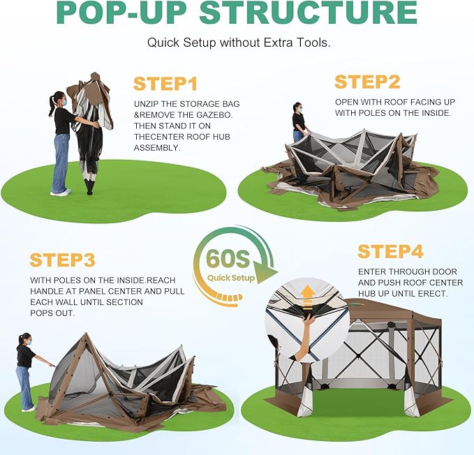 COBIZI 12x12 Pop up Gazebo Screen House Tent for Camping, Outdoor Canopy with Removable Roof&Mosquito Netting, Portable Hub with Carrying Bag and Ground Stakes, Brown