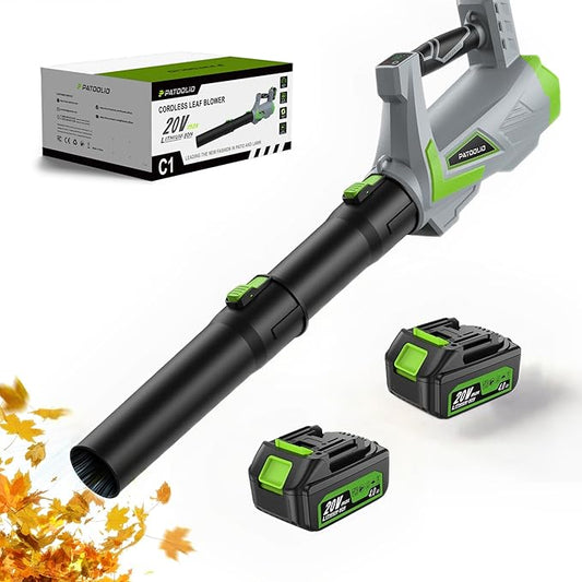 Leaf Blower Cordless 650CFM/170MPH with 2¡¿4000mAh Batteries and Charger, PATOOLIO 5 Speed Mode Cordless Blower Handheld for Patio, Lawn Care, Snow Blowing, Leaves Blowing