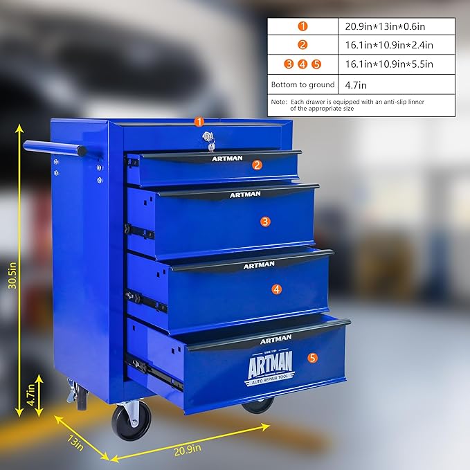 RYH 4 Drawers Rolling Tool Chest - 13 D x 20.9 W x 30.5 H Heavy Duty Mobile Tool Cart with Locking Wheels & Ball Bearing Drawers, Garage Tool Storage Cabinet (Blue, 4 Drawers)