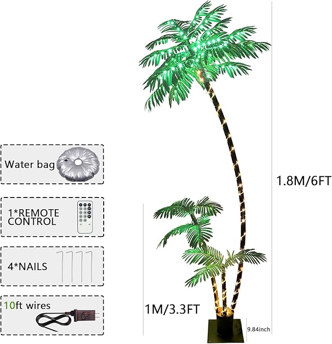 6 Feet Artificial Palm Tree, Light Up 220LED Christmas Tree Decorations, 8 Modes Fake Room Decor Palm Trees for Outside Patio, Home Indoor, Tiki Bar, Outdoor Pool Tropical Party