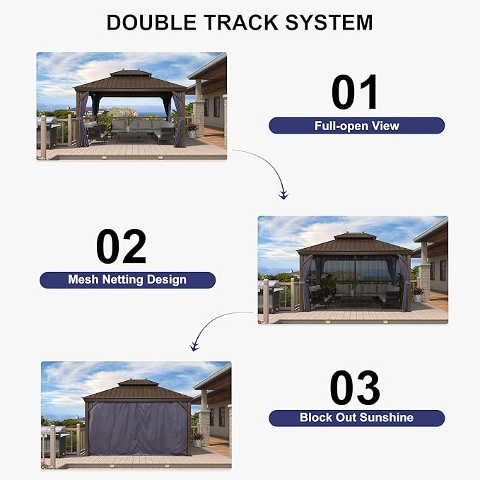 PURPLE LEAF 11' X 13' Outdoor Hardtop Gazebo Patio Wide Aluminum Frame Metal Double Roof with Heavy Duty Netting and Curtains for Permanent Hard Top Pavilion Screen, Navy Blue