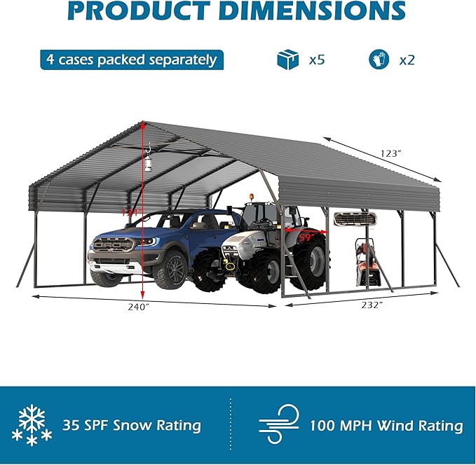 20x20 Carport Heavy Duty, Metal Carport with Galvanized Steel Roof, Metal Car Garage Multi-Use Shelter Outdoor Portable for Car, Boat, Pickup and Tractor