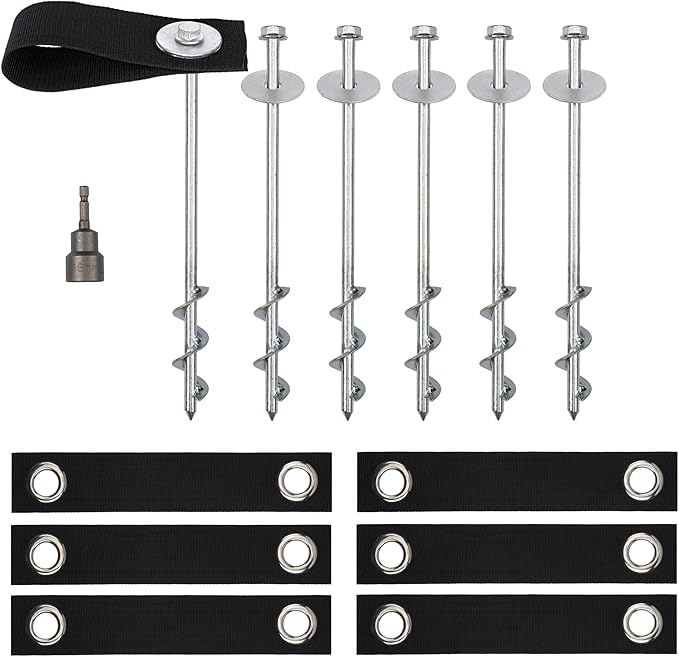 Trampoline Anchors High Wind Heavy Duty 12" Set of 4/6/8 with Straps, Drill Bit - Trampoline Anchor Kit - Trampoline Stakes Anchors High Wind - Ground Anchors - Trampoline Wind Stakes - Ground Stakes