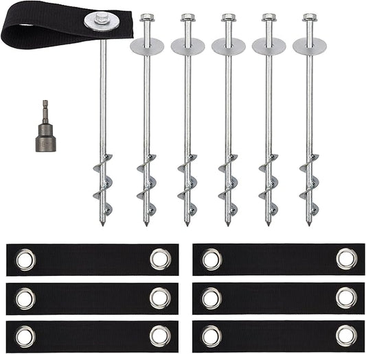 Trampoline Anchors High Wind Heavy Duty 12" Set of 4/6/8 with Straps, Drill Bit - Trampoline Anchor Kit - Trampoline Stakes Anchors High Wind - Ground Anchors - Trampoline Wind Stakes - Ground Stakes