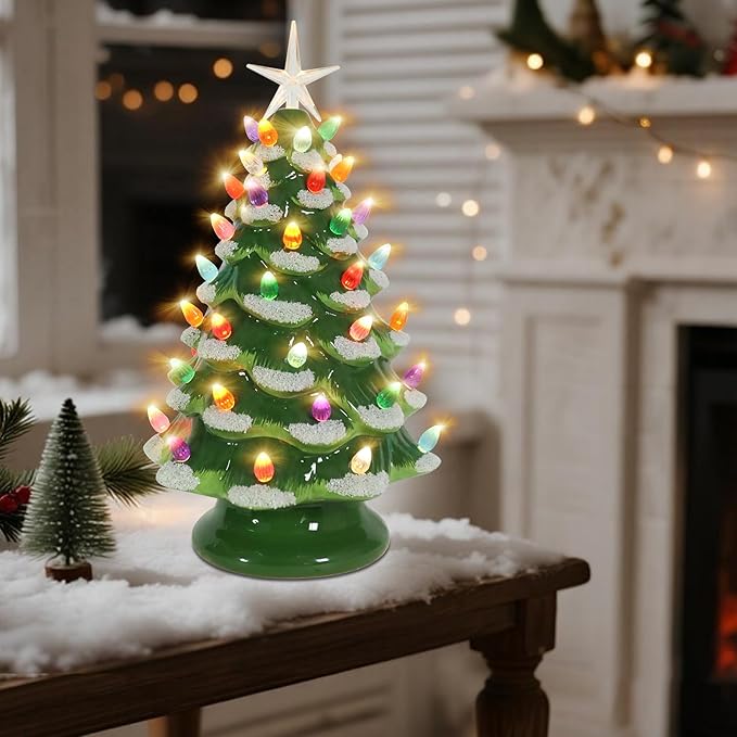 Ceramic Christmas Tree 12 Inch Tabletop Christmas Tree Vintage Christmas Decoration Battery Operated Small Green Xmas Trees with Multicolored Lights