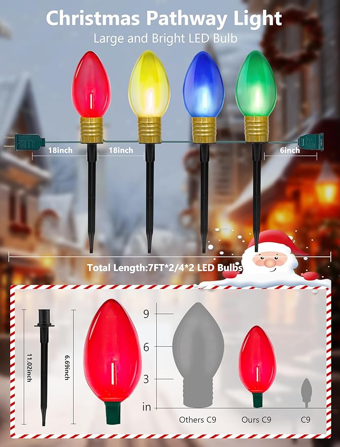 Christmas Lights Jumbo C9 Outdoor Lawn Decorations with Pathway Marker Stakes, 2 Pack 7 Feet String Lights with Transparent Multicolored Light Bulb for Holiday Outside Yard Garden Decor, 8 Lights