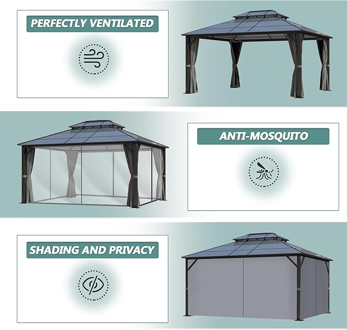 12'x14' Hardtop Gazebo, Outdoor Polycarbonate Double Roof Gazebos with Netting and Curtains, Heavy Duty Metal Pavilion for Patio, Backyard, Deck and Lawn