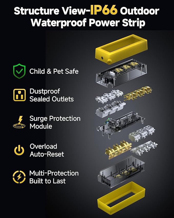 IP66 Outdoor Power Strip Waterproof,Heavy Duty Surge Protector, 15 FT Extension Cord, All-Weatherproof,6AC, Suitable for Outdoor, Work Room, Patio Gardens, Pool Parties,Yellow