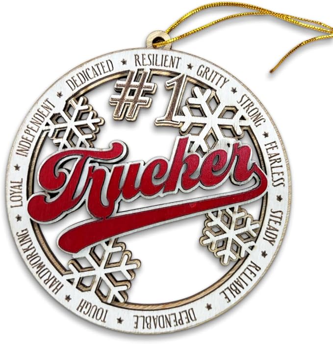 #1 Trucker Wooden Christmas Ornament – Truck Driver Holiday Tree Decoration, Gift for Truckers, CDL Drivers, Dad or Husband, Rustic Red Snowflake Ornament for Trucking Lovers