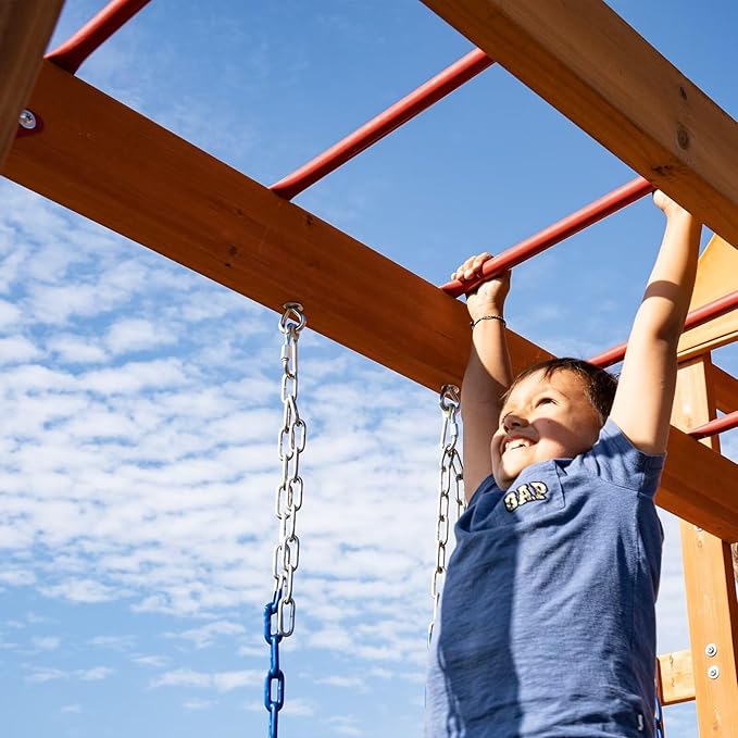 Dolphin Playground Wooden Swing Sets for Backyard with Monkey Bar, Outdoor Playset for Kids with Trapeze Swing Bar and 2 Belt Swings, Kids Outdoor Play Equipment, Heavy Duty Playground Accessories