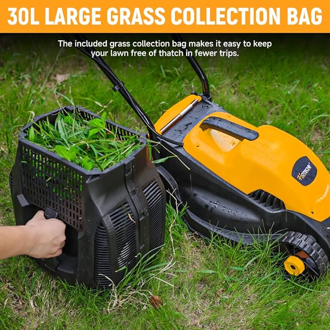 Hoteche 10-Amp Corded Electric Lawn Mower - 12.6 Inch Cutting Width, 30L Grass Bag, 3 Height Adjustments (1-2.2), Lightweight Walk-Behind Mower for Small/Medium Lawns (Easy Push Design)