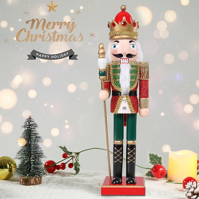 Christmas Nutcracker Decorations Nutcracker Figure 15 Inch Wooden Nutcrackers Collectible Ornament Nutcrackers Soldier for Table Desktop Home Christmas Decor Xmas Indoor Decor Shiny Red
