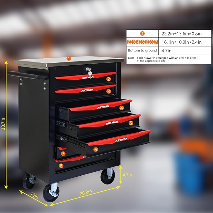 RYH 4/5/6/7 Drawers Rolling Tool Chest -Heavy Duty Mobile Metal Tool Box with Locking Wheels, with Stainless Steel Worktop, Garage Tool Storage Cabinet (Black, 7-Drawers 30.7 H¡¿22.2 W)