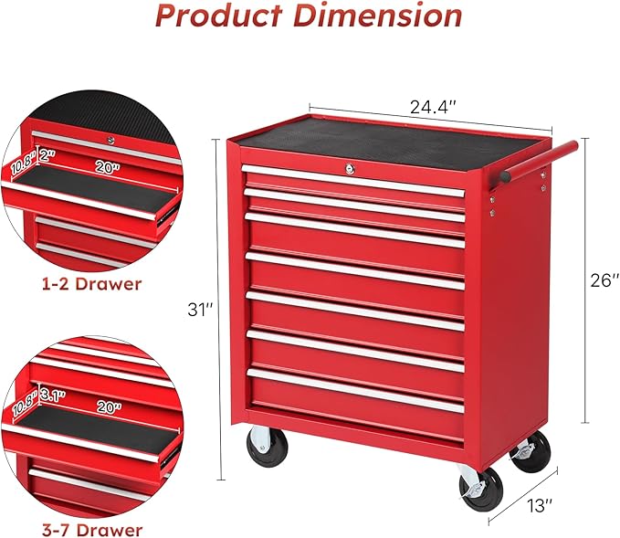 Rovibek 7-Drawer Rolling Tool Chest with Wheels, Lockable Metal Tool Box for Garage Workshop Warehouse, Large Capacity Tool Storage Cabinet, Heavy-Duty Tool Chest with Drawers, Red