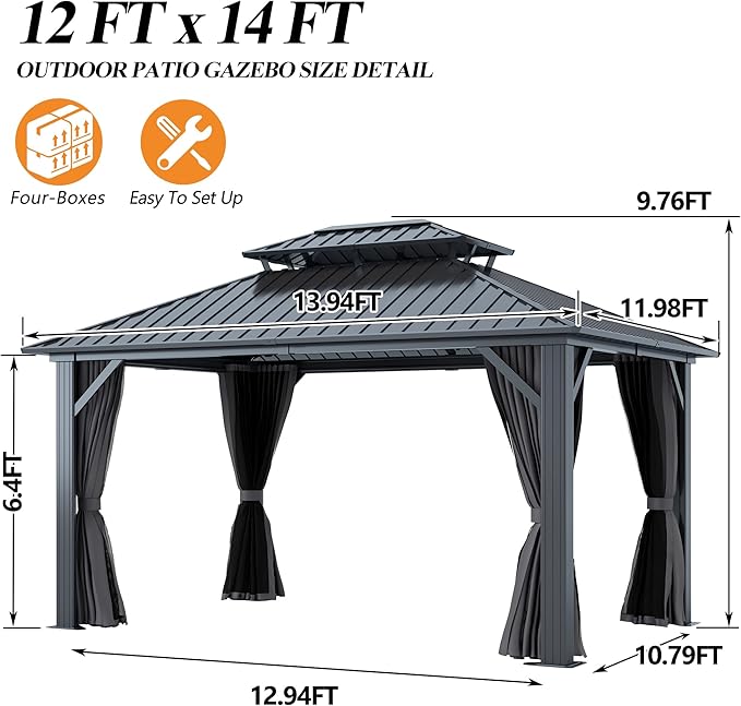 GARTOO 12'x14' Outdoor Hardtop Gazebo with Double Roof - Heavy-Duty Galvanized Steel Top Aluminum Frame Gazebo with Breathable Netting & Privacy Curtain for Patio, Porch, Garden, Lawn, Deck, Backyard