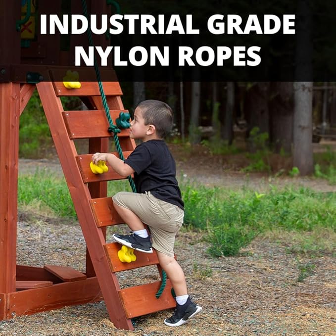 Gorilla Playsets 01-1057 Playmaker Deluxe Wooden Swing Set with Vinyl Canopy Roof, Dual Wave Slides, and Rock Climbing Wall, Redwood Stained Cedar