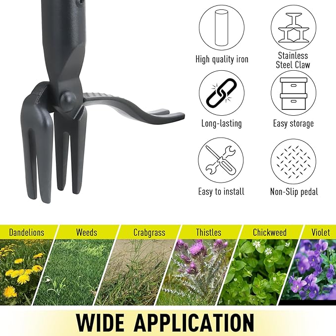 Jardineer Weed Puller Tool, 45 Stand Up Weed Remover Tool with Reinforced All-Steel Handle & 4-Claw Steel Head, Heavy Duty Manual Weeder for Garden Lawn Yard, Easily Remove Weeds Without Bending
