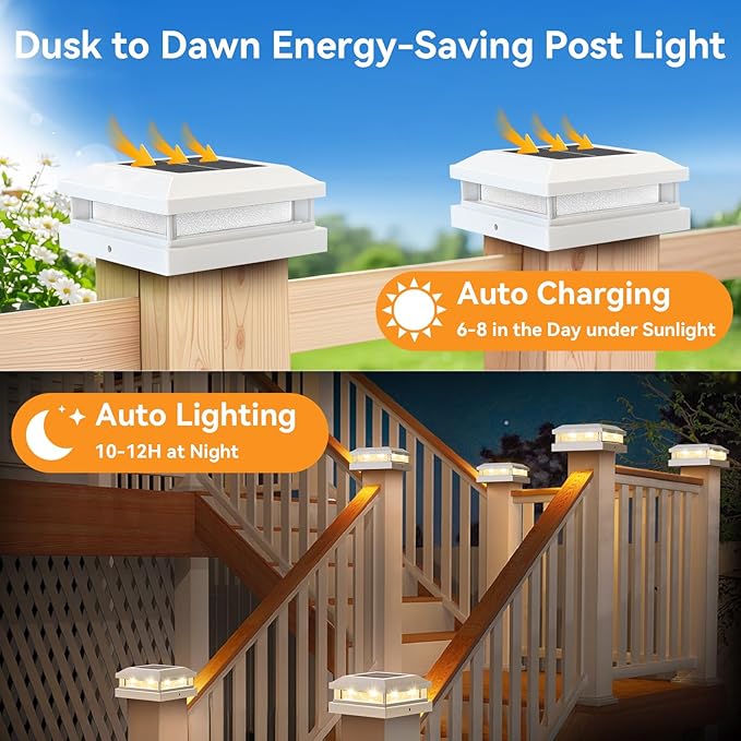 Brightever 4x4 Solar Post Cap Lights Outdoor, Waterproof Solar Powered Fence Post Lights for 5x5 Vinyl/Wooden, White Outside 16LEDs Warm/Cool Lighting Deck Light for Garden, Patio, Porch, 12-Pack