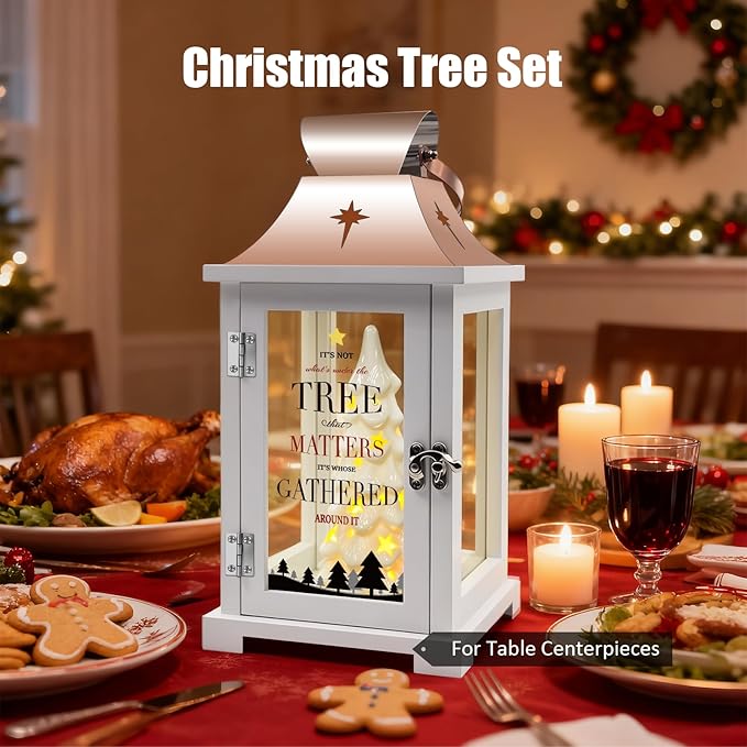 Ceramic Christmas Tree That Light up for Table Centerpieces, 15.1" Tall Lantern Indoor Party Decor, Hanging Candle Lantern for Home, Holidays Tabletop Décor Gift, Xmas Tree Figurine
