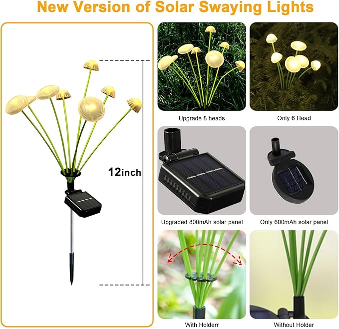 2 Pack 16 LEDs Solar Garden Lights, Upgraded 8 Modes Solar Lights Outdoor, IP65 Waterproof Swaying Light, Mushroom Outdoor Decor for Garden, Yard, Patio, Pathway (Warm White)