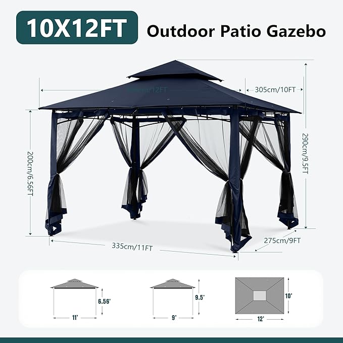 MASTERCANOPY Outdoor Garden Gazebo for Patios with Stable Steel Frame and Netting Walls (10x12,Navy Blue)