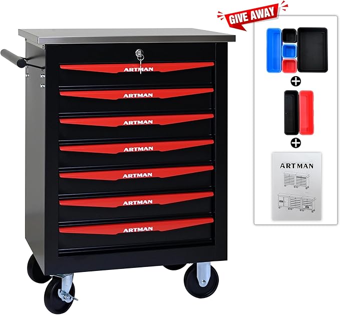 RYH 4/5/6/7 Drawers Rolling Tool Chest -Heavy Duty Mobile Metal Tool Box with Locking Wheels, with Stainless Steel Worktop, Garage Tool Storage Cabinet (Black, 7-Drawers 30.7 H¡¿22.2 W)