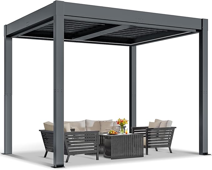 Greesum 10x10FT Outdoor Aluminum Pergola, Electric Adjustable Louvered Pergola with LED Lights and Gutter System, Metal Gazebo for Patio, Deck, Garden, Yard, Black
