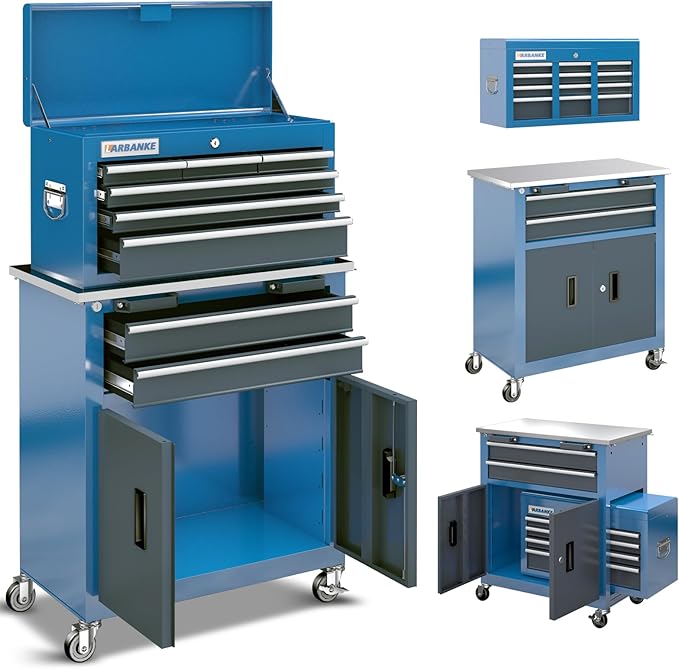 LARBANKE 8-Drawer Rolling Tool Chest with Wheels and Door,Tool Box with Sliding Drawer,Stainless Steel Countertop Tool Chest,can Form Large Workbench,for Garage Workship