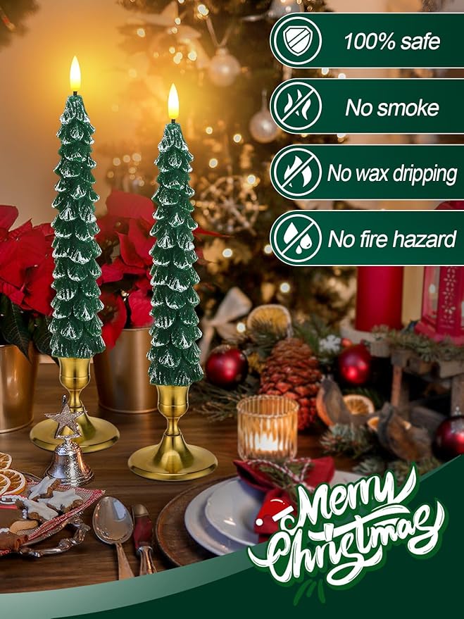 4 Pack Christmas Tree Candles - Real Wax Flameless Taper Candles, 9.7in Green Candlesticks for Christmas Home Table Fireplace Decorations Party Supplies