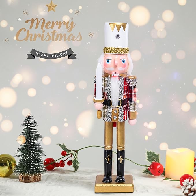 Christmas Nutcracker Decorations Nutcracker Figure 12 Inch Wooden Nutcrackers Collectible Ornament Nutcracker Soldier for Table Desktop Home Christmas Decor Xmas Indoor Decor Plaid Pattern