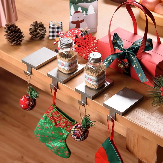6 Pcs Christmas Stocking Holders Hanging Hooks Heavy Duty Mantel Stocking Holder Bases Weighted Metal Stocking Hangers for Shelf Fireplace Stair Xmas Party Decor (6, Silver)