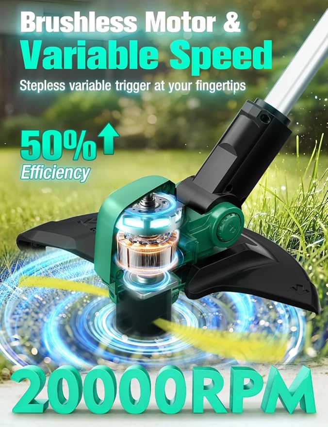 KIMO Cordless Weed Wacker Battery Operated w/ 2 x 2.0Ah Batteries, 2-in-1 String Trimmer & Edger with Charger & Wheels, 12 Dual-Sided Cutting Line, 10Pcs Cutting Lines, 20V Weed Trimmer for Lawn Yard