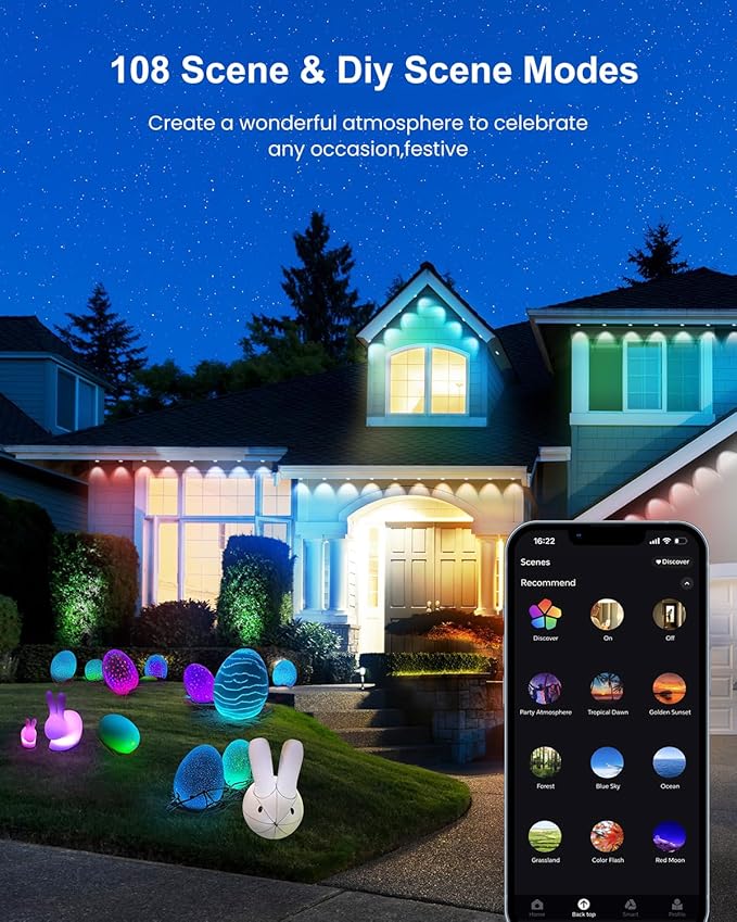 RGBCW Permanent Outdoor Lights,108 Scene Modes Smart Outdoor Christmas Lights with Voice Remote APP Control, IP68 LED Eaves Lighting for Halloween Party, Daily Garden Decor (120LED 200FT)